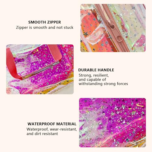 TotePrint TPU Holographic Clear Star Large Cosmetic Bag and Travel Pouch with Handle,Durable TPU Material,Zipper Design-Ideal for Makeup,Travel Essentials (Holographic pink) - Image 3