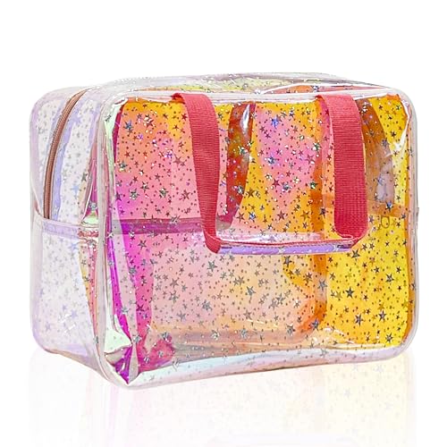 TotePrint TPU Holographic Clear Star Large Cosmetic Bag and Travel Pouch with Handle,Durable TPU Material,Zipper Design-Ideal for Makeup,Travel Essentials (Holographic pink) - Image 1