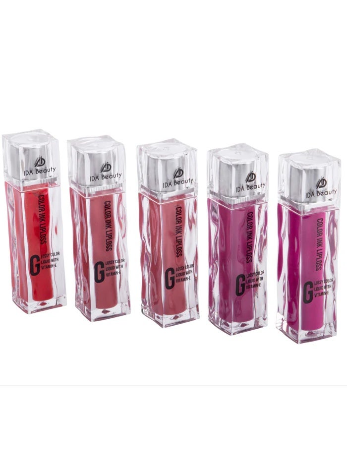 IDA Beauty IDA Colour Ink Lip Gloss Bundle – Long-Lasting Glossy Liquid Lipsticks with Vitamin E – Non-Sticky, Hydrating, Bold Colors – Pack of 5 – Lip Shine Set for Women & Girls - Image 1