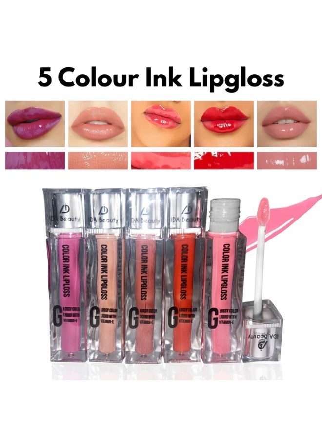 IDA Beauty IDA Colour Ink Lip Gloss Bundle – Long-Lasting Glossy Liquid Lipsticks with Vitamin E – Non-Sticky, Hydrating, Bold Colors – Pack of 5 – Lip Shine Set for Women & Girls - Image 3