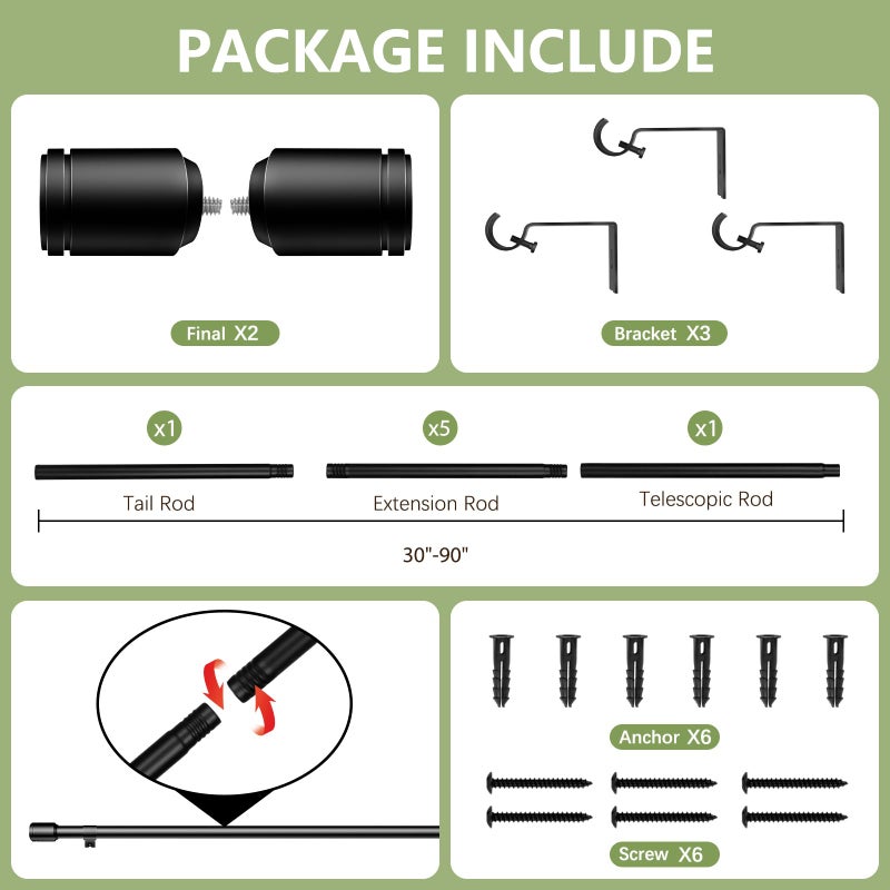 Edidonson 5/8â€ Diameter Curtain Rods 30-120 Inch, for 30-114 Inch Windows, Adjustable Splicing Black Curtain Rods for Windows with Brackets, Window Rod Long Small Curtains Rod - Image 3
