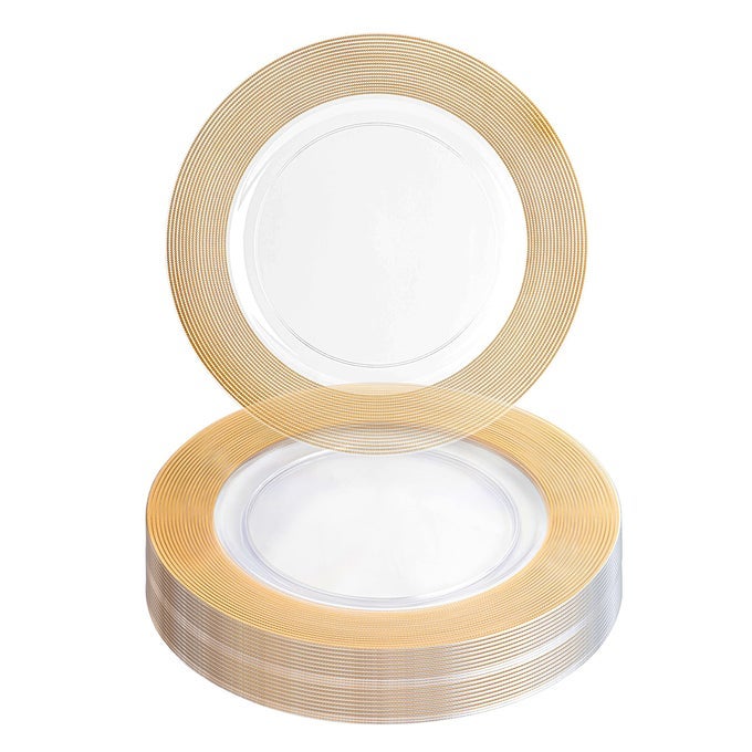 13INCH CHARGER PLATES 16 PACK CLEAR GOLD ROPE TEXTURED RIM HEAVYDUTY DISPOSABLE CHARGERS FOR ELEGANT DINING IDEAL FOR WEDDINGS AND FORMAL EVENTS
