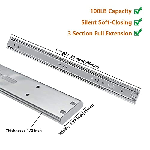 LONTAN 24 Inch Soft Close Drawer Slides 1 Pair Side Mount Heavy Duty Cabinet Drawer Glides Ball Bearing Full Extension Kitchen Cabinet Rails 100 LB Capacity - Image 3