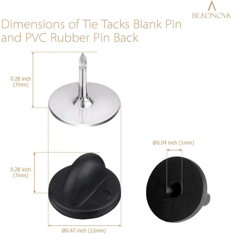 BEADNOVA 50 Pairs Pin Backings Tie Tacks Blank Pins with Rubber Backings Pinbacks for Crafts Silver Black 50 Sets - Image 3