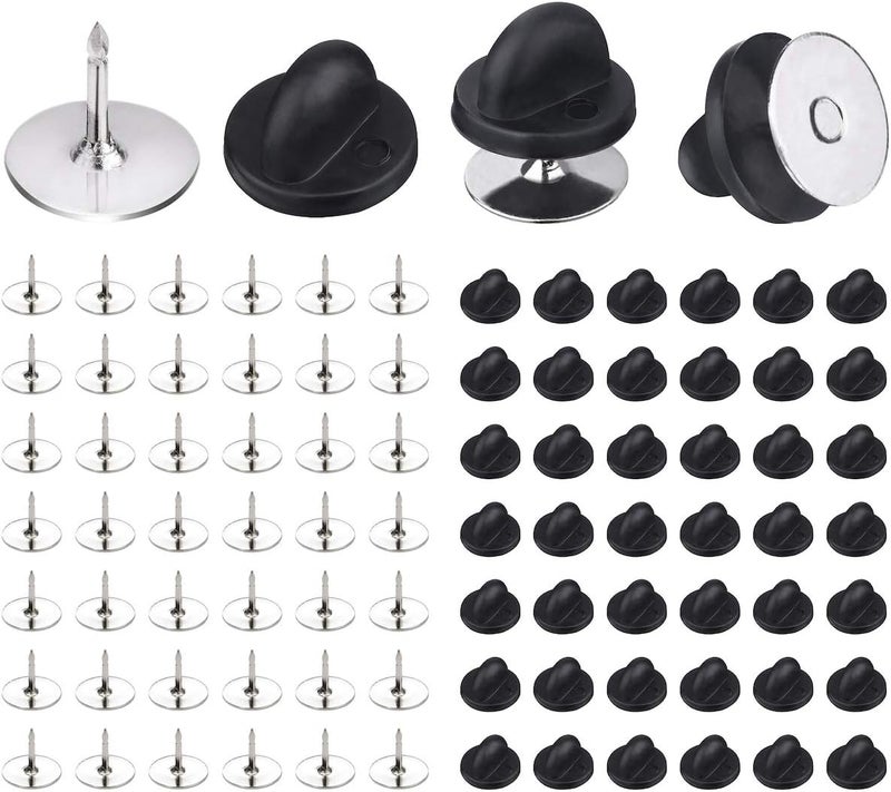 BEADNOVA 50 Pairs Pin Backings Tie Tacks Blank Pins with Rubber Backings Pinbacks for Crafts Silver Black 50 Sets - Image 1