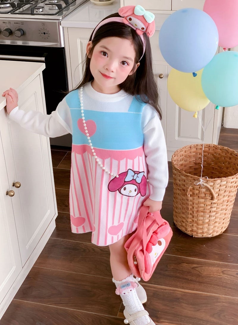 Three Piece Set — Girl's Stylish Cartoon Love Fake Two-Piece Sweater Knitted Dress Hair Hoop Handbag  - Image 1