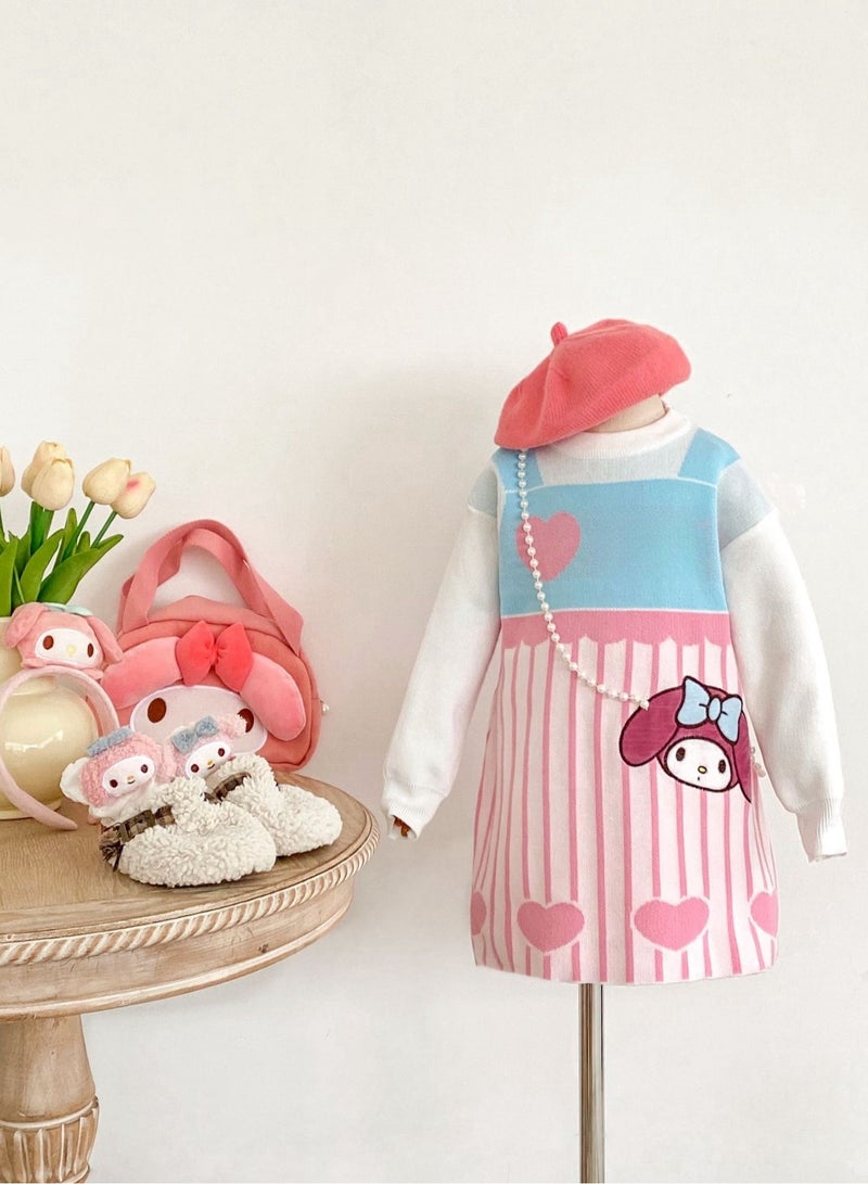 Three Piece Set — Girl's Stylish Cartoon Love Fake Two-Piece Sweater Knitted Dress Hair Hoop Handbag  - Image 2