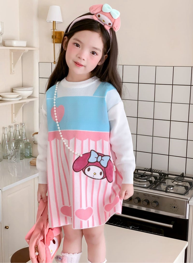 Three Piece Set — Girl's Stylish Cartoon Love Fake Two-Piece Sweater Knitted Dress Hair Hoop Handbag  - Image 5