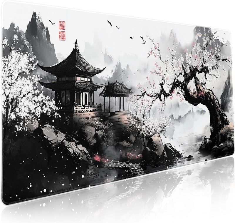 aportt Black Whtie Japanese Gaming Mouse Pad XXL Anime Sakura Cherry Blossom Tree Extended Large Mat Mousepad Desk Pad Non-Slip Rubber Base Stitched Edge Keyboard Pad Playmat for Computer,35.4×15.7 Inch - Image 1