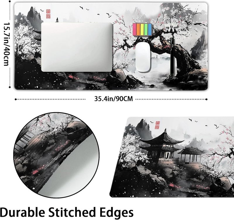 aportt Black Whtie Japanese Gaming Mouse Pad XXL Anime Sakura Cherry Blossom Tree Extended Large Mat Mousepad Desk Pad Non-Slip Rubber Base Stitched Edge Keyboard Pad Playmat for Computer,35.4×15.7 Inch - Image 2