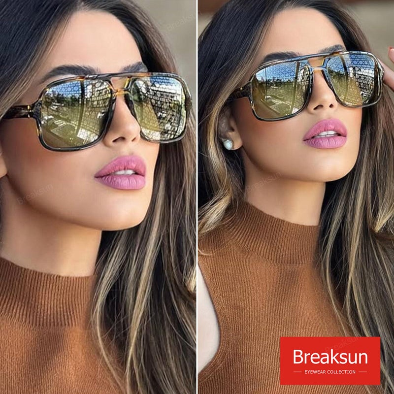 Breaksun Retro Aviator Sunglasses for Women Men Trendy Classic 70s Square Green Aviator Sun Glasses Vintage Shades (Green leopard) - Image 3