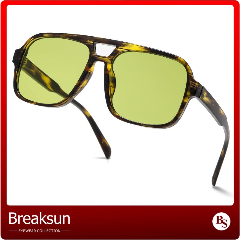 Breaksun Retro Aviator Sunglasses for Women Men Trendy Classic 70s Square Green Aviator Sun Glasses Vintage Shades (Green leopard) - Image 5
