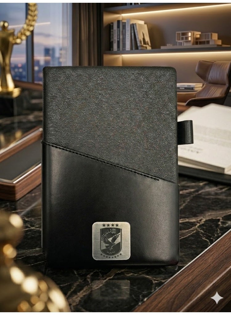Premium Black Leather Notebook with Metal Al Ahly SC Logo – Elegant Business Journal with Pen Holder - Image 2