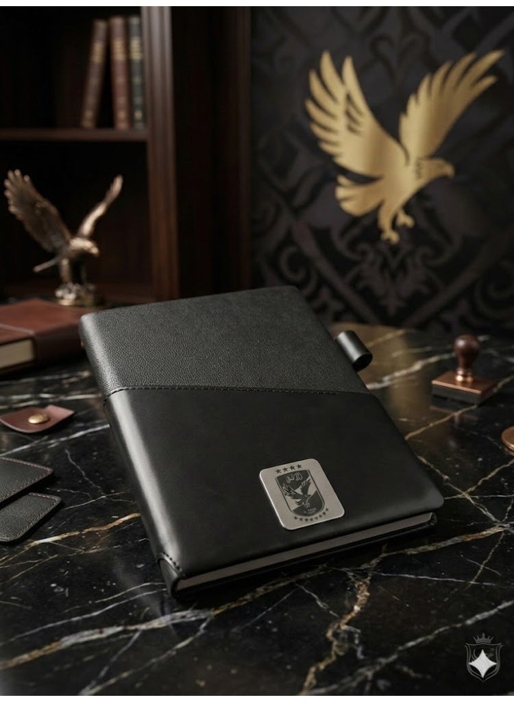 Premium Black Leather Notebook with Metal Al Ahly SC Logo – Elegant Business Journal with Pen Holder - Image 3