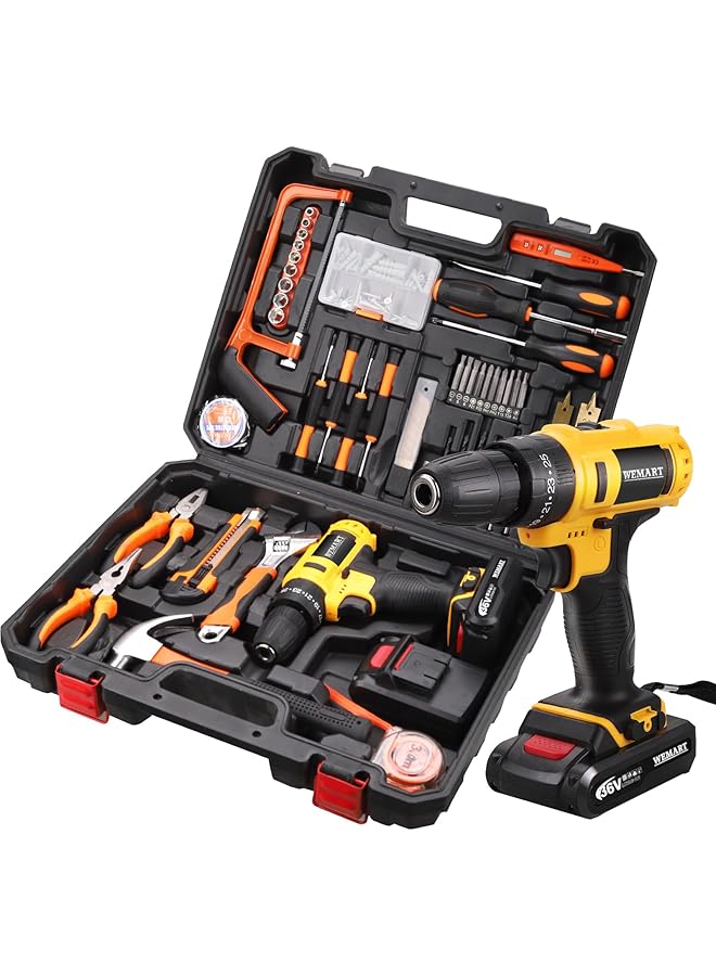 WEMART 128 Piece Power Tools Kit With 36V Cordless Drill 25+3 Clutch With Impact Professional Household Home Tool Kit Set With Diy Hand Tool Kits For Garden Office House Repair Maintain - Image 1