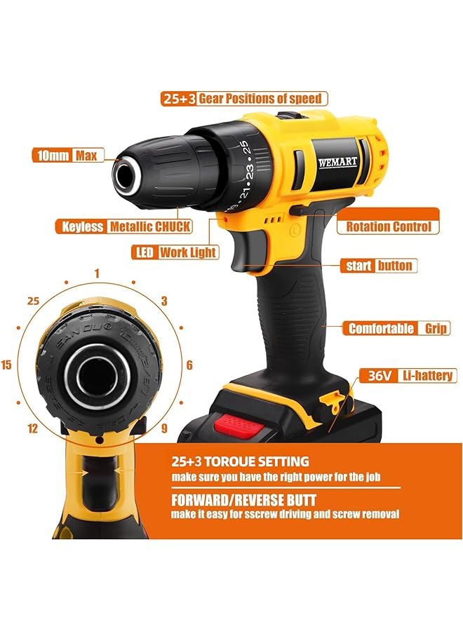 WEMART 128 Piece Power Tools Kit With 36V Cordless Drill 25+3 Clutch With Impact Professional Household Home Tool Kit Set With Diy Hand Tool Kits For Garden Office House Repair Maintain - Image 3