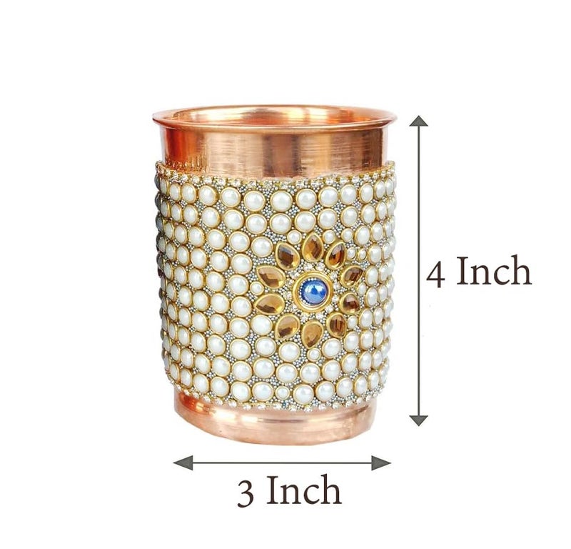 Copper Crafts Pure Copper Jug1 Glass Drinkware Set Dinnerware Tableware Pitcher Outer White Stone Work Decorated White Stone Jug1 Glass - Image 3
