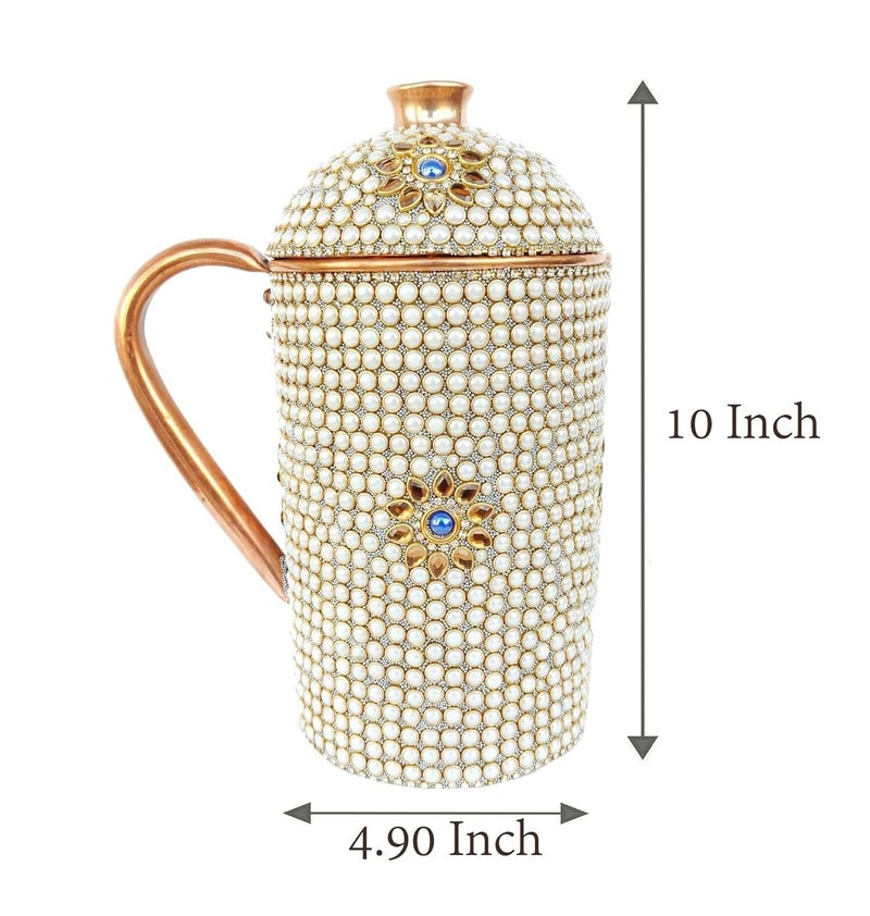 Copper Crafts Pure Copper Jug1 Glass Drinkware Set Dinnerware Tableware Pitcher Outer White Stone Work Decorated White Stone Jug1 Glass - Image 4