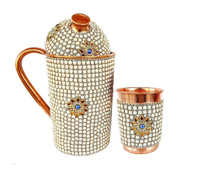 Copper Crafts Pure Copper Jug1 Glass Drinkware Set Dinnerware Tableware Pitcher Outer White Stone Work Decorated White Stone Jug1 Glass - Image 1