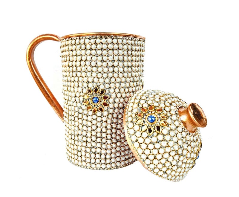Copper Crafts Pure Copper Jug1 Glass Drinkware Set Dinnerware Tableware Pitcher Outer White Stone Work Decorated White Stone Jug1 Glass - Image 2