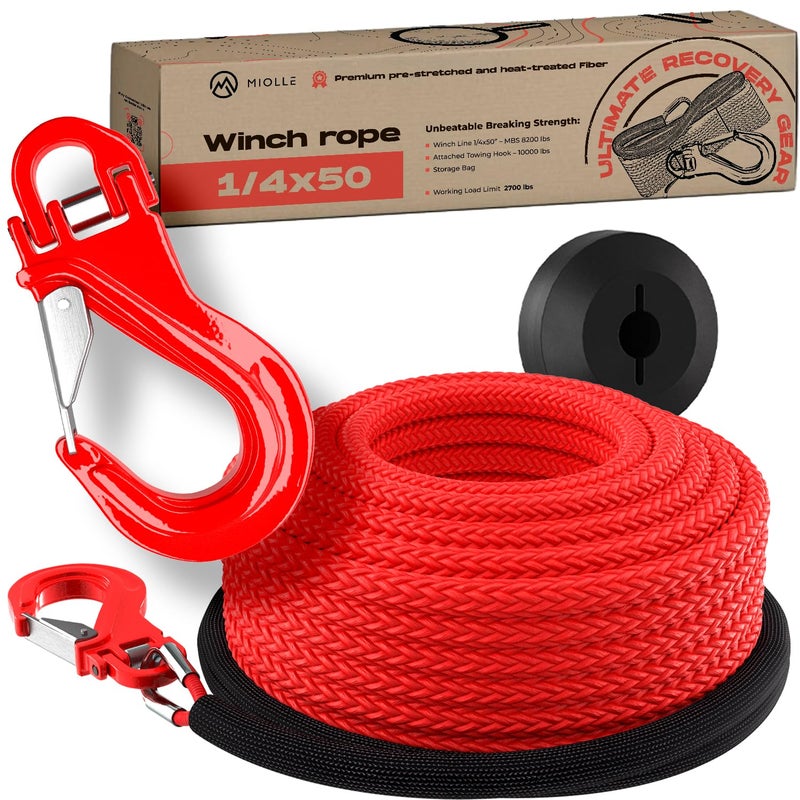 Miolle Synthetic Winch Line Cable Rope for ATV UTV Snow plow pre Stretched 8200LBSMBS2700WLL 14x50 Rope Hook Stopper