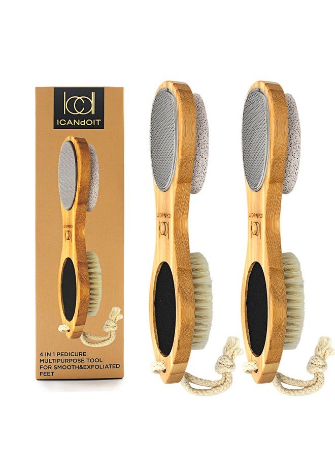إي سي دي آي كان دويت Icandoit2 حزم من مبرد القدم المصنوع من الخيزران الطبيعي، مزيل مسامير القدم، متعدد الأغراض، طقم باديكير 4 في 1 للأقدام مع فرشاة بشعيرات الخنزير، وورق الخفاف الحجري للقدم - Image 1
