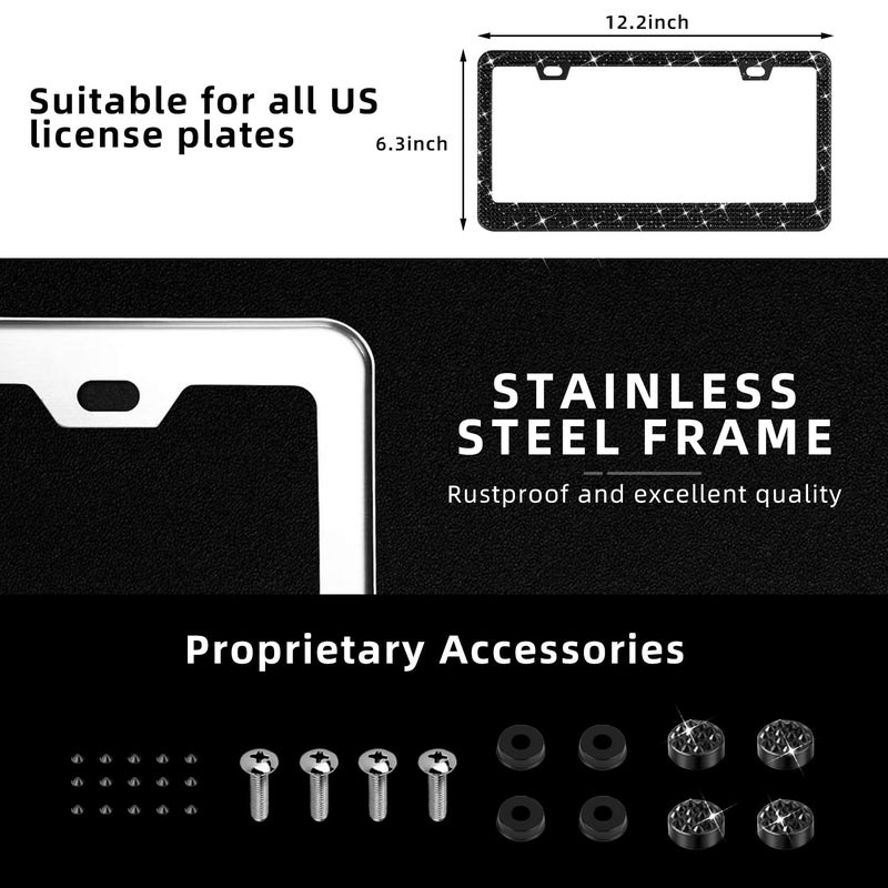 OKLPF Bling License Plate Frame for Women, 2PCS Sparkly License Plate Frames| Over 1200 pcs14 Facets Bedazzled Clear Glass Diamond Rhinestone Crystals w/Free Glitter Diamond Box (Black) - Image 2