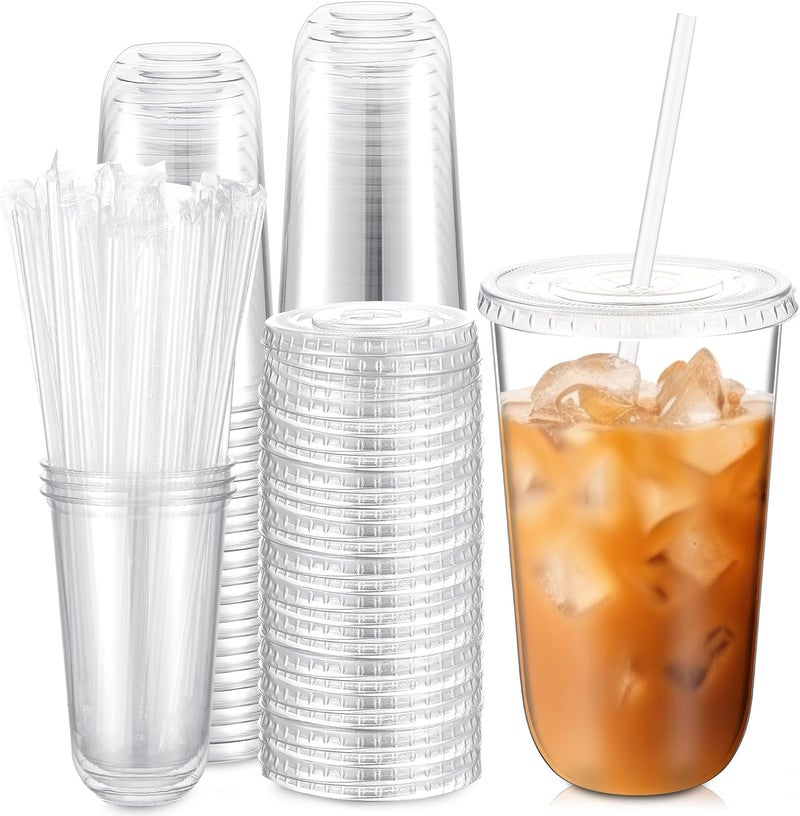 Ziliny 50 Sets Clear Plastic Cups with Lids and Straws, Disposable Iced Coffee Cups for Drinking, Cold Drinks, Juice, Smoothie, Pet Cup for Coffee Shops, Party, Christmas (18 oz) - Image 1