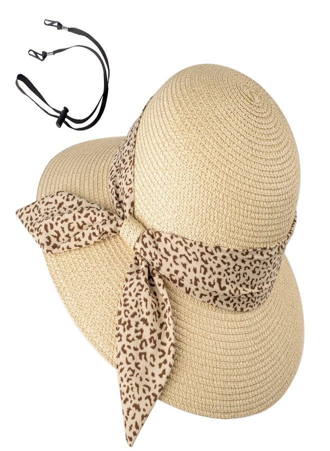 فينيلي قبعة شمسية نسائية من القش من فينيلي، مناسبة للشاطئ في الصيف، ذات حافة عريضة، توفر حماية من الأشعة فوق البنفسجية، مزودة بحزام للذقن، قابلة للطي، مزينة بفيونكة لطيفة، بمعامل حماية من الأشعة فوق البنفسجية 50، لون بيج بنقشة جلد النمر، مقاس واحد - Image 2