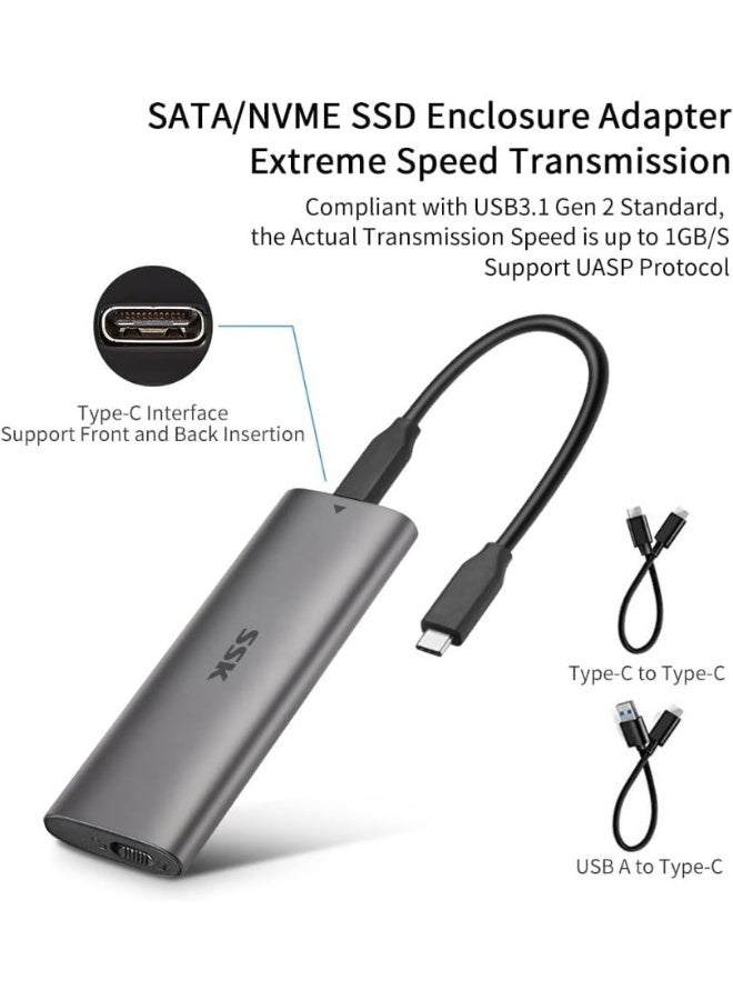 SSK enclosure nvme enclosure Aluminum M.2 to USB NVMe SATA SSD Enclosure Reader, Tool-Free USB 3.2 Gen 2 10Gbps NVMe PCI-E 6Gbps SATA M-Key / B+M Key Solid State Drive External Adapter With UASP Trim, for SSDs 2242 2260 2280 - Image 3