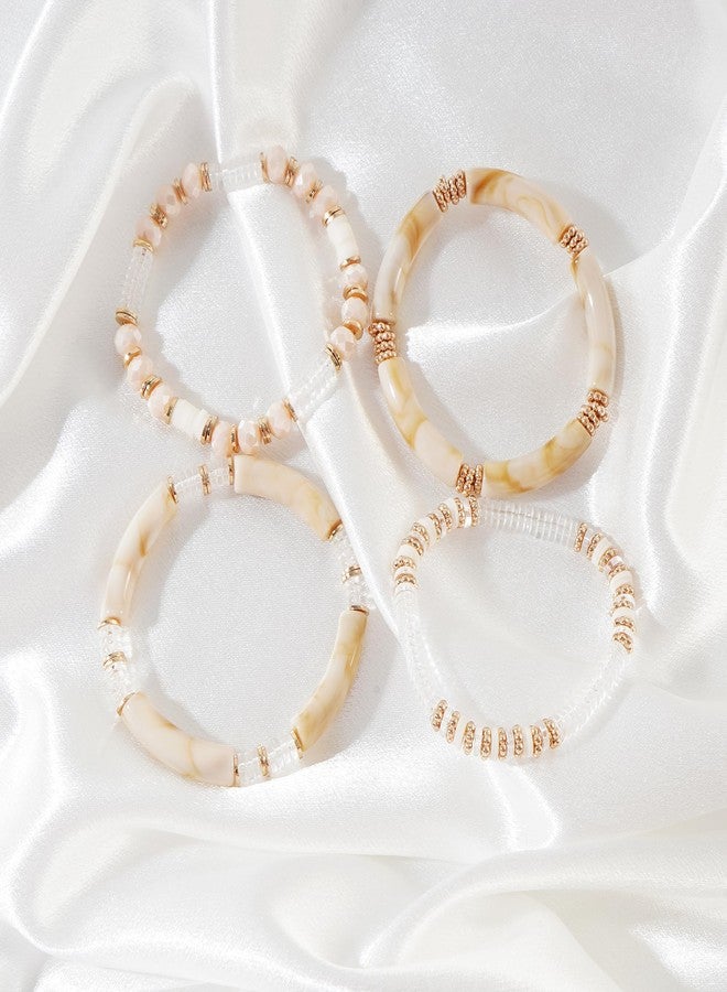 LALAPPLE Gold Plated Beaded Acrylic Bamboo Tube Bangle Bracelets for Women, Colorful Chunky Curved Tube With Gold Plated Pieces Beads Stretch Bracelet Friendship Summer Beach Jewelry, approximately 7 - Image 3