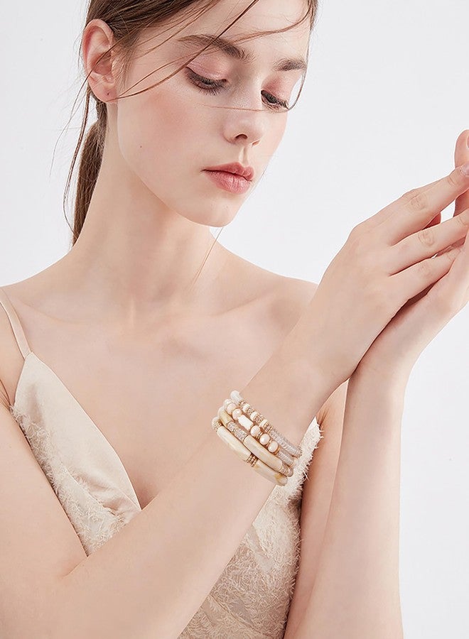 LALAPPLE Gold Plated Beaded Acrylic Bamboo Tube Bangle Bracelets for Women, Colorful Chunky Curved Tube With Gold Plated Pieces Beads Stretch Bracelet Friendship Summer Beach Jewelry, approximately 7 - Image 4