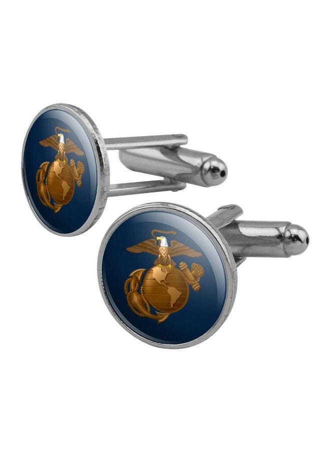 GRAPHICS & MORE - Marines Usmc Eagle Globe Anchor On Blue Officially Licensed Round Cufflink Set Silver Color - Image 1