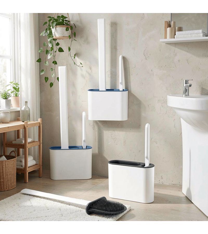 Gray Wall Mounted Toilet Brush Set Easy Clean Bathroom Accessory - Image 1