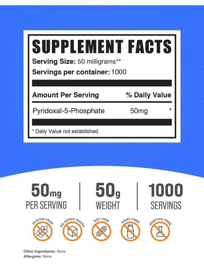 بالك سابلمنتس مسحوق فوسفات البيريدوكسال 5 من BulkSupplements.com - مكمل فيتامين ب6 P-5-P، P-5-P 50 مجم - مكمل P5P، خالٍ من الجلوتين، 50 مجم لكل وجبة، 50 جم (1.8 أونصة) (عبوة من قطعة واحدة)  - Image 2