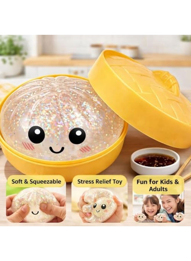 Glitter Dumpling Squishy Toy, Soft Squeeze Decompression Dough, Anxiety Relief Fidget Dumpling Mystery Box with Food Steamer Blue - Image 5