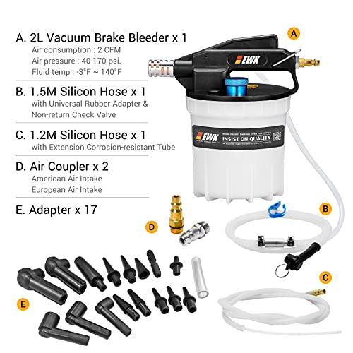 EWK 22 Pcs 2L Pneumatic Vacuum Brake Fluid Bleeder Extractor Pump with 17 Adapters & 2 Bleeding Hoses - Image 2
