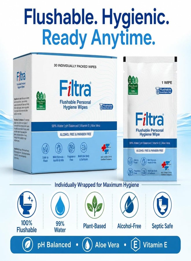 Filtra® Flushable Personal Hygiene Wipes | 100% Flushable & Biodegradable | 99% Water | Plant-Based | pH Balanced | Aloe Vera & Vitamin E | Alcohol-Free | Septic Safe | Individually Wrapped for Hygiene & On-the-Go Use | 1 Box of 30 Single-Use Sachets - Image 2