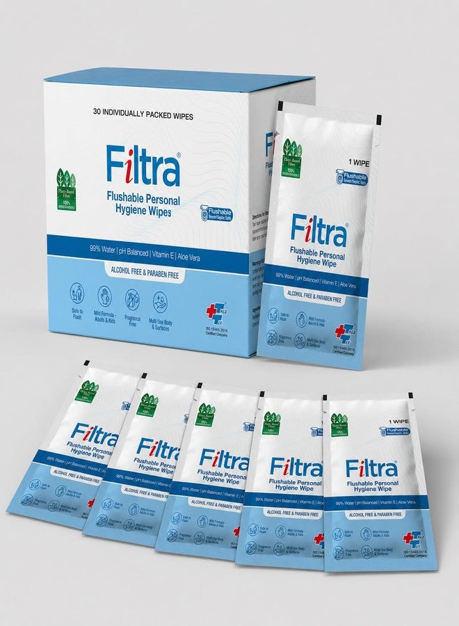 Filtra® Flushable Personal Hygiene Wipes | 100% Flushable & Biodegradable | 99% Water | Plant-Based | pH Balanced | Aloe Vera & Vitamin E | Alcohol-Free | Septic Safe | Individually Wrapped for Hygiene & On-the-Go Use | 1 Box of 30 Single-Use Sachets - Image 1