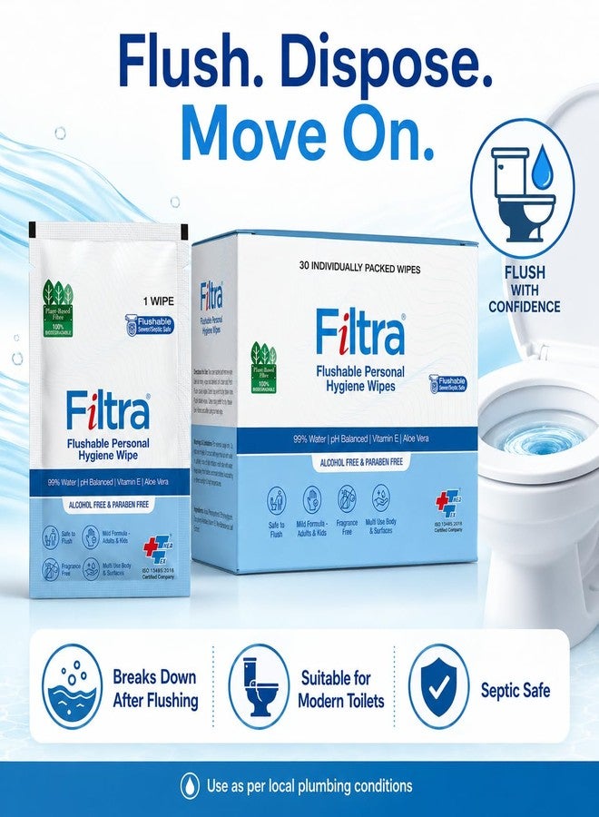 Filtra® Flushable Personal Hygiene Wipes | 100% Flushable & Biodegradable | 99% Water | Plant-Based | pH Balanced | Aloe Vera & Vitamin E | Alcohol-Free | Septic Safe | Individually Wrapped for Hygiene & On-the-Go Use | 1 Box of 30 Single-Use Sachets - Image 5
