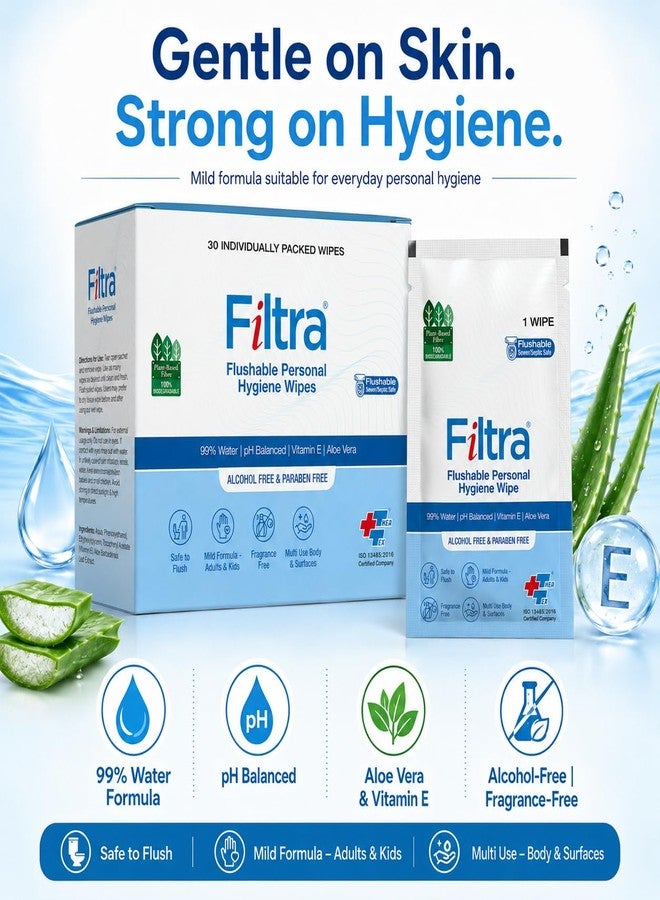 Filtra® Flushable Personal Hygiene Wipes | 100% Flushable & Biodegradable | 99% Water | Plant-Based | pH Balanced | Aloe Vera & Vitamin E | Alcohol-Free | Septic Safe | Individually Wrapped for Hygiene & On-the-Go Use | 1 Box of 30 Single-Use Sachets - Image 4