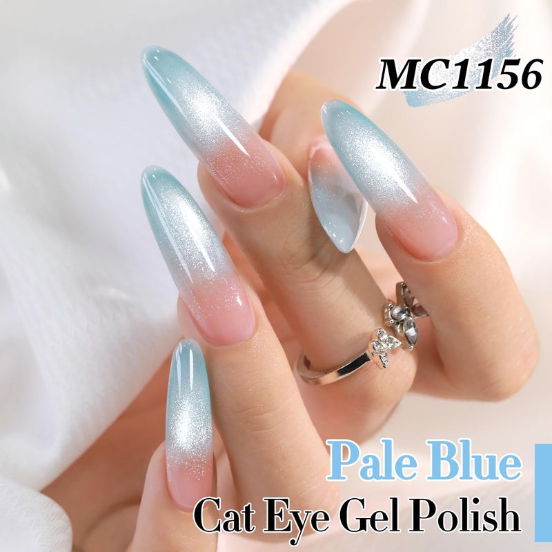 Double Rhythm 0.5 Oz Cat Eye Gel Polish with Magnet Same Color Same Bottle Holographic Glitter Shimmer Translucent Color Salon 15 ML Magnetic Nail Art (Light Blue-MC1156) - Image 3