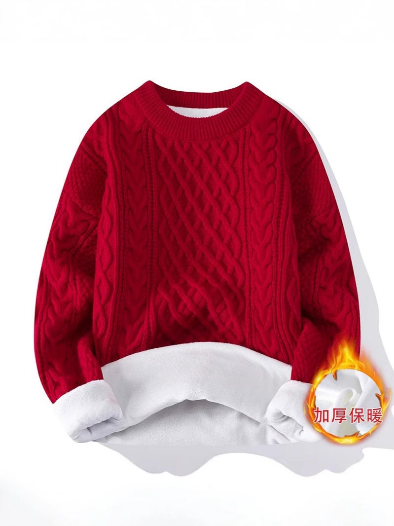 Casual Round Neck Fleece-Lined Knitted Sweater Couple Base Knitted Shirt Hemp Pattern Loose Knitted Top - Image 2