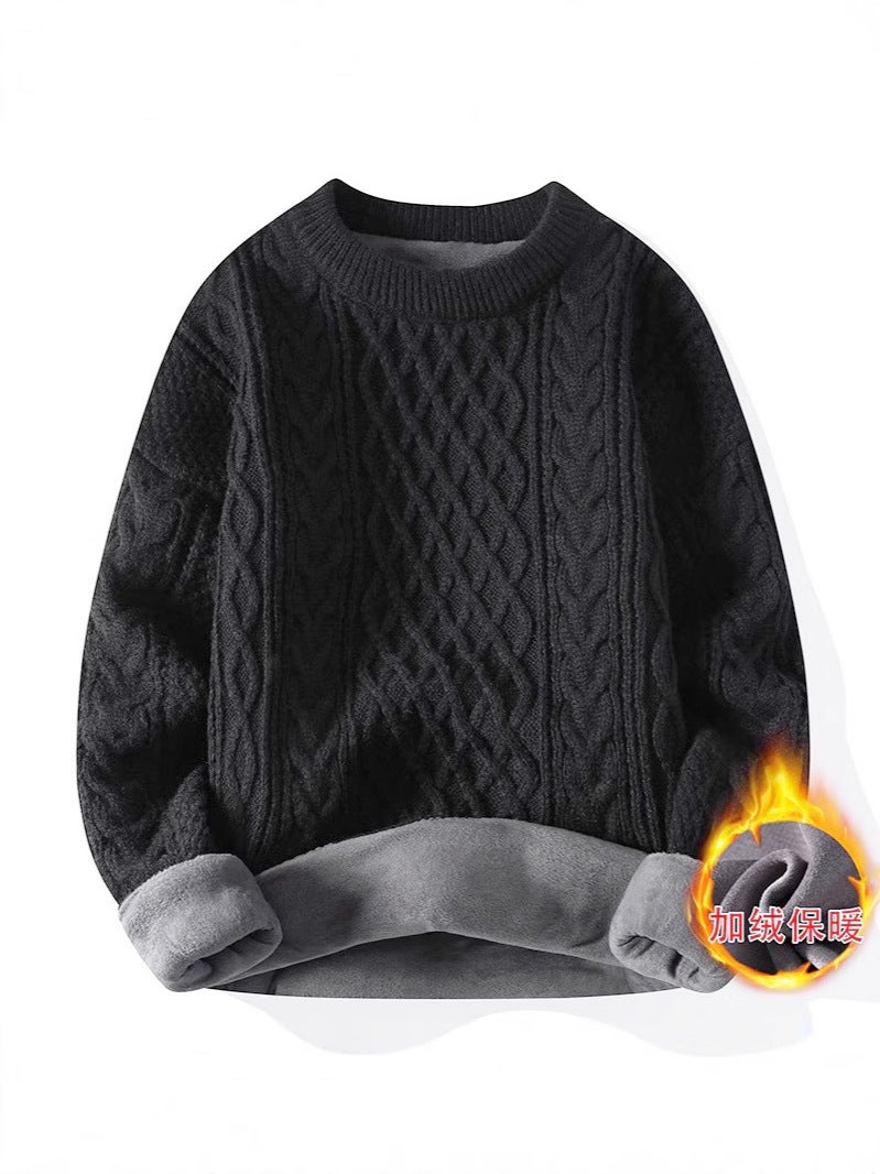 Casual Round Neck Fleece-Lined Knitted Sweater Couple Base Knitted Shirt Hemp Pattern Loose Knitted Top - Image 4