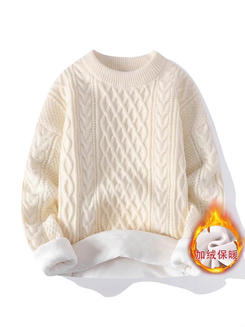 Casual Round Neck Fleece-Lined Knitted Sweater Couple Base Knitted Shirt Hemp Pattern Loose Knitted Top - Image 3