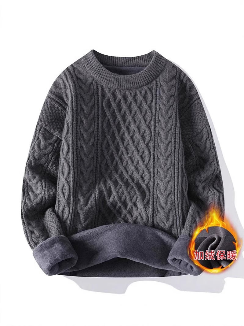Casual Round Neck Fleece-Lined Knitted Sweater Couple Base Knitted Shirt Hemp Pattern Loose Knitted Top - Image 5