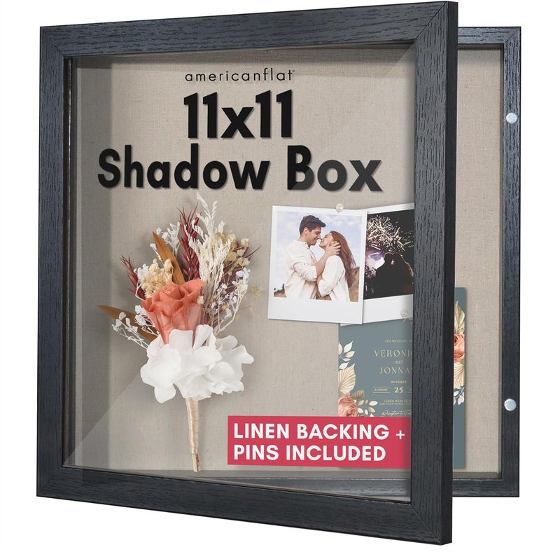 Americanflat Front Opening 11x11 Shadow Box Frame with Shatter-Resistant Glass - Silhouette Collection - Shadow Box Display Case for Tabletop and Wall Display - Black - Image 1