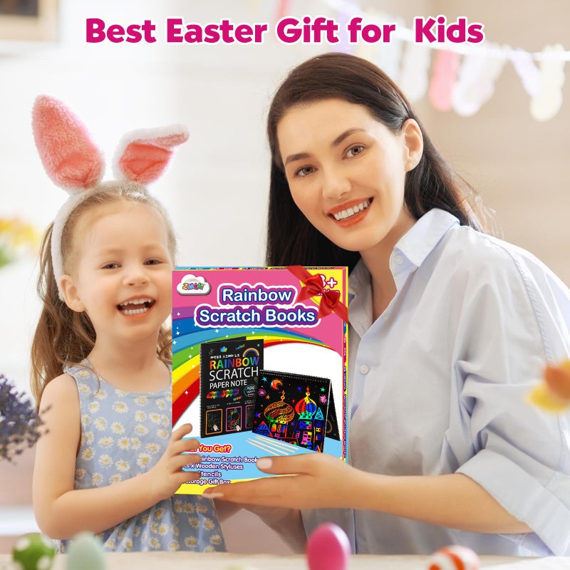 ZMLM Scratch Paper Art-Crafts Gift: 2 Pack Rainbow Notebooks Supplies Toys Easter Basket Stuffers for 3 4 5 6 7 8 9 10 Years Old Girls and Boys Kids Birthday Party Games (Pink) - Image 4