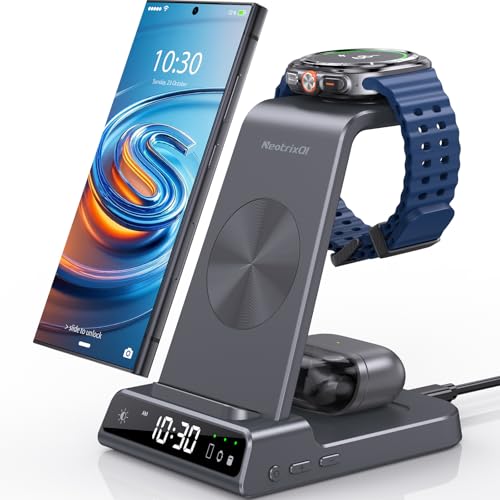 NeotrixQI Wireless Charger for Samsung Charging Station: 3 in 1 Android Charging Stand with Dimmable Clock - Nightstand Organizer for Galaxy S25 Ultra, Galaxy Watch 8 7 6 5 4, Galaxy Buds, Space-Saving Charger - Image 1