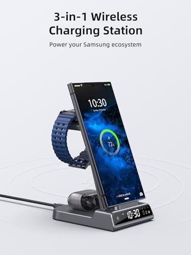 NeotrixQI Wireless Charger for Samsung Charging Station: 3 in 1 Android Charging Stand with Dimmable Clock - Nightstand Organizer for Galaxy S25 Ultra, Galaxy Watch 8 7 6 5 4, Galaxy Buds, Space-Saving Charger - Image 2